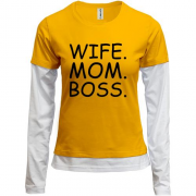 Комбинированный лонгслив с надписью "Wife. Mom. Boss."