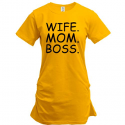 Подовжена футболка с надписью "Дружина. Мама. Бос".