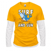 Лонгслив комби с акулой серфингистом и надписью "Surf and sun"