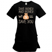 Подовжена футболка з написом "Save money"