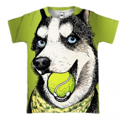 3D футболка с хаски и теннисным мячиком