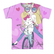 3D футболка з дівчиною на велосипеді з котом