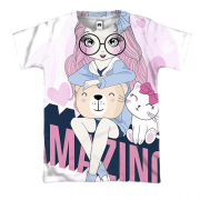 3D футболка с девушкой с котом Amazing