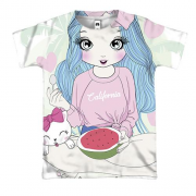 3D футболка с девушкой с котом Summer love