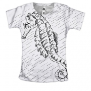 Женская 3D футболка с черно белым морским коньком