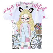 Детская 3D футболка с девушкой с котом и велосипедом