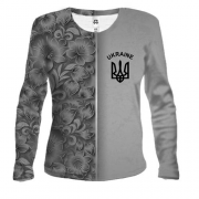 Жіночий 3D лонгслів з петриківським розписом і гербом України (чорно-біла)