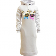 Женская толстовка-платье с котятами в очках и с бабочками