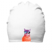Хлопковая шапка с разноцветным котом в очках