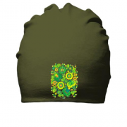 Хлопковая шапка с зелеными цветами (писанка)