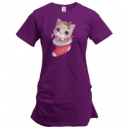 Подовжена футболка "Різдвяний котик"