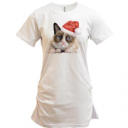 Подовжена футболка з сумним котом у шапці Санти