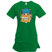Подовжена футболка "Кіт у шапці та з чашкою кави"