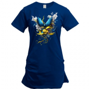 Подовжена футболка Птах на жовто-синьому букеті (арт)