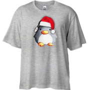 Футболка Oversize з пінгвіном в новорічній шапочці