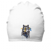 Хлопковая шапка Волк с желто-синими перьями