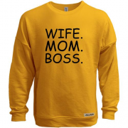 Свитшот без начеса с надписью "Wife. Mom. Boss."