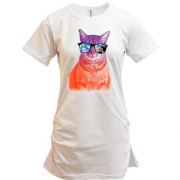 Подовжена футболка з різнокольоровим котом в окулярах