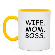 Чашка с надписью "Дружина. Мама. Бос".