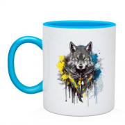 Чашка вовк у жовто-синій акварелі (арт)