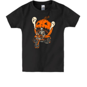 Детская футболка Скелет на байке с тыквой