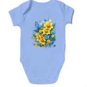 Детское боди Желто-синий цветочный арт с бабочкой