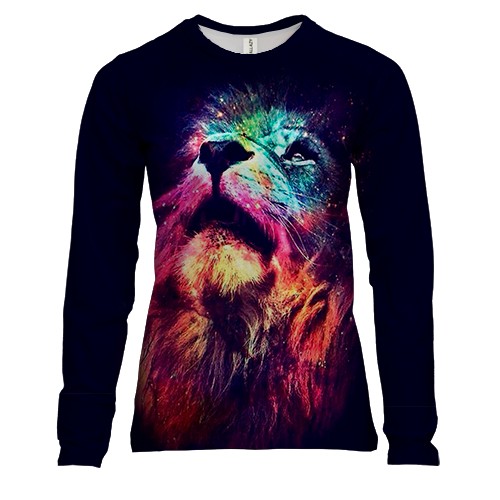 Жіночий 3D лонгслів з яскравим левом (вид спереду)