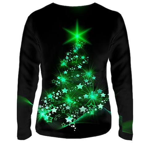 Женский 3D лонгслив с зеленой ёлкой (вид сзади)