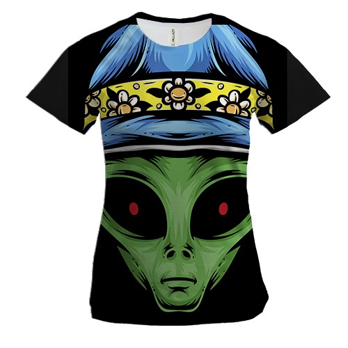 Женская 3D футболка с пришельцем в панаме (вид спереди)