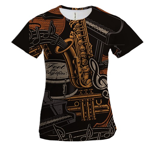 Женская 3D футболка с музыкальными арт инструментами (вид спереди)
