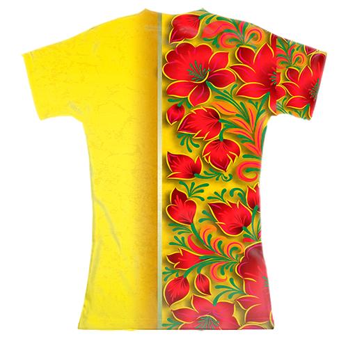 Жіноча 3D футболка з петриківським розписом і гербом України (2) (вид ззаду)