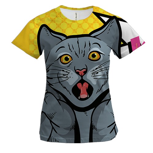 Женская 3D футболка Cat Wow Pop Art (вид спереди)