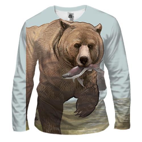 Мужской 3D лонгслив с медведем и рыбой (2) (вид спереди)