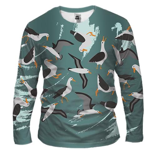Мужской 3D лонгслив с летающими чайками (вид спереди)