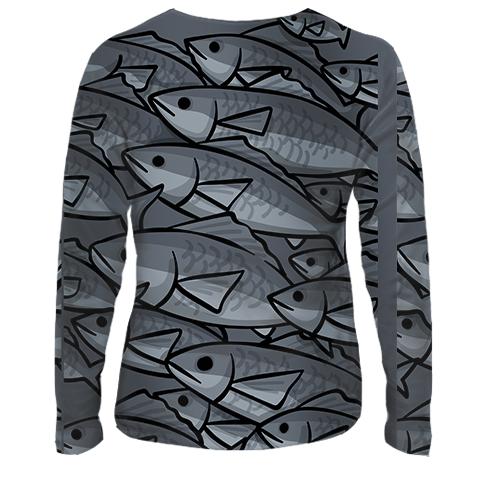 Женский 3D лонгслив с серыми рыбками (вид сзади)