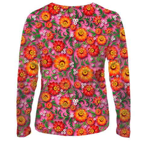 Женский 3D лонгслив с петриковской росписью (розовая) (вид сзади)