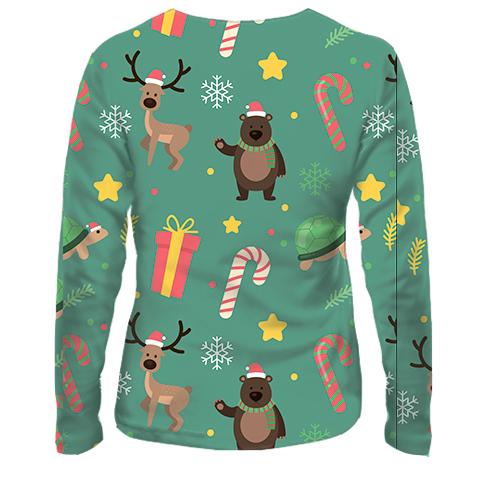 Жіночий 3D лонгслів Новорічний патерн 14 (вид ззаду)