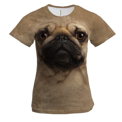 Женская 3D футболка с мопсом (вид спереди)
