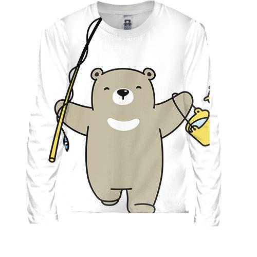 Детский 3D лонгслив с мишкой рыбаком (вид спереди)