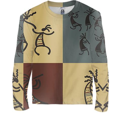 Детский 3D лонгслив с наскальными людьми (вид спереди)