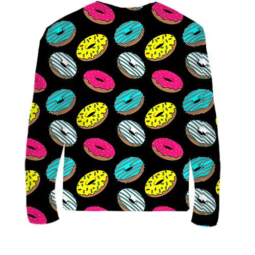 Детский 3D лонгслив Пончики на чёрном (вид сзади)