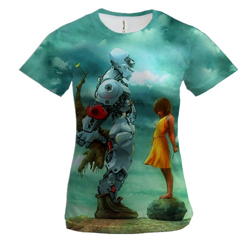 Жіноча 3D футболка Робот і дівчинка Любов (вид спереду)
