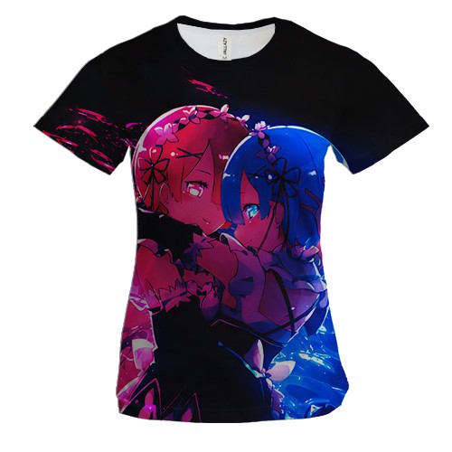 Женская 3D футболка Рем и Рам - Жизнь с нуля (Re:Zero) (вид спереди)