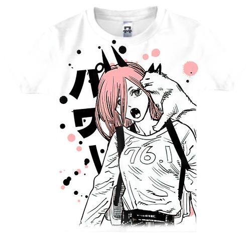 Детская 3D футболка Павер с котиком - Человек-Бензопила (вид спереди)