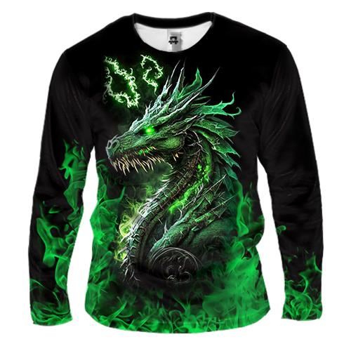 Мужской 3D лонгслив Зеленый огненный дракон (2) (вид спереди)
