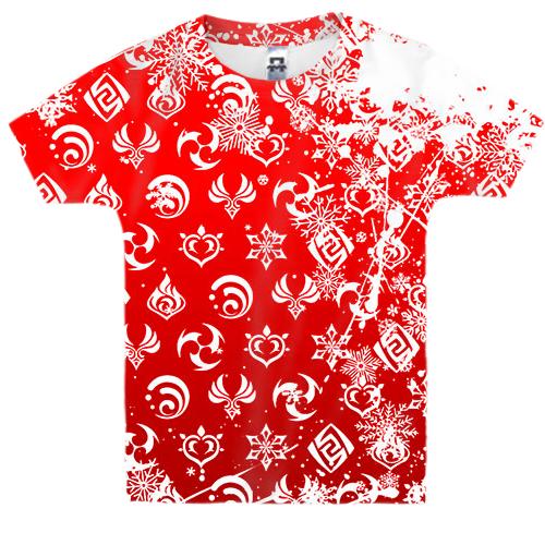 Детская 3D футболка Элементы, новогодний паттерн - Genshin Impact (вид спереди)