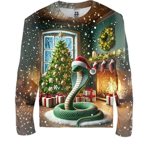 Дитячий 3D лонгслів Новорічна змійка біля каміна (вид спереду)