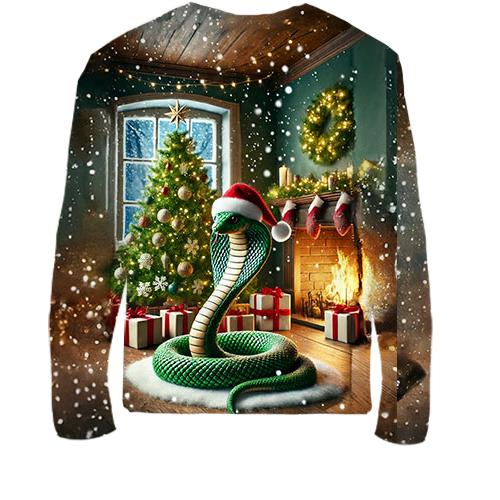 Дитячий 3D лонгслів Новорічна змійка біля каміна (вид ззаду)