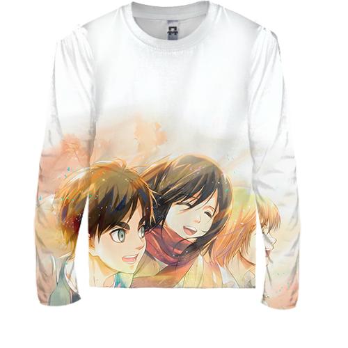 Детский 3D лонгслив Eren, Mikasa, Armin - AoT (вид спереди)