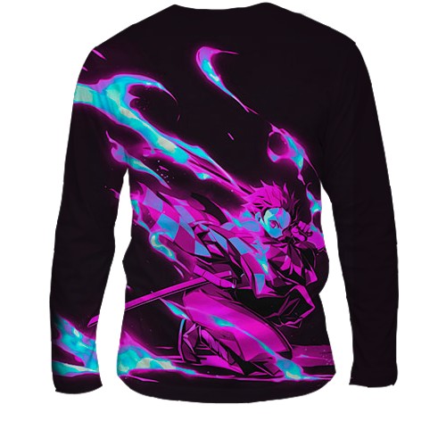 Чоловічий 3D лонгслів Тандзіро Камадо, неон - Клинок, що розсікає демонів (вид ззаду)